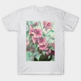 Pink hollyhocks watercolour painting T-Shirt